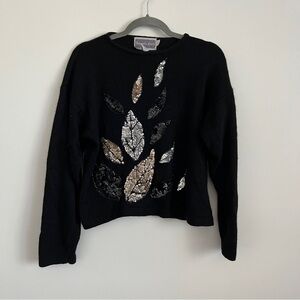 Vintage 80s Samantha Starr Sequin Leaf Sweater Black Glam Holiday-Women’s Size L